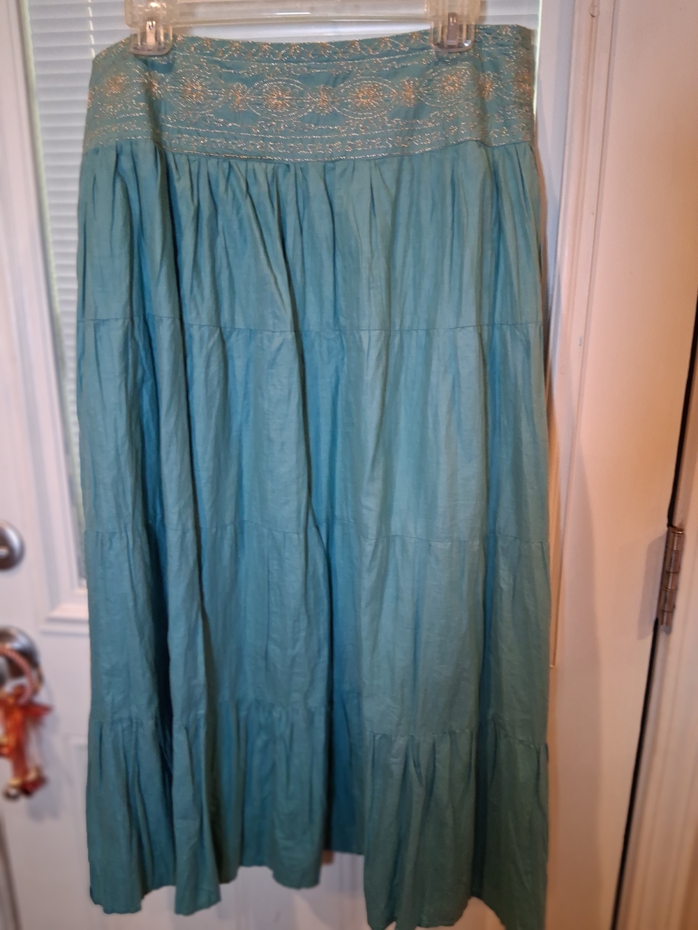 sku55 Papillon TURQUOISE Size L  Tiered Maxi Skirt with Embroidered Waistband